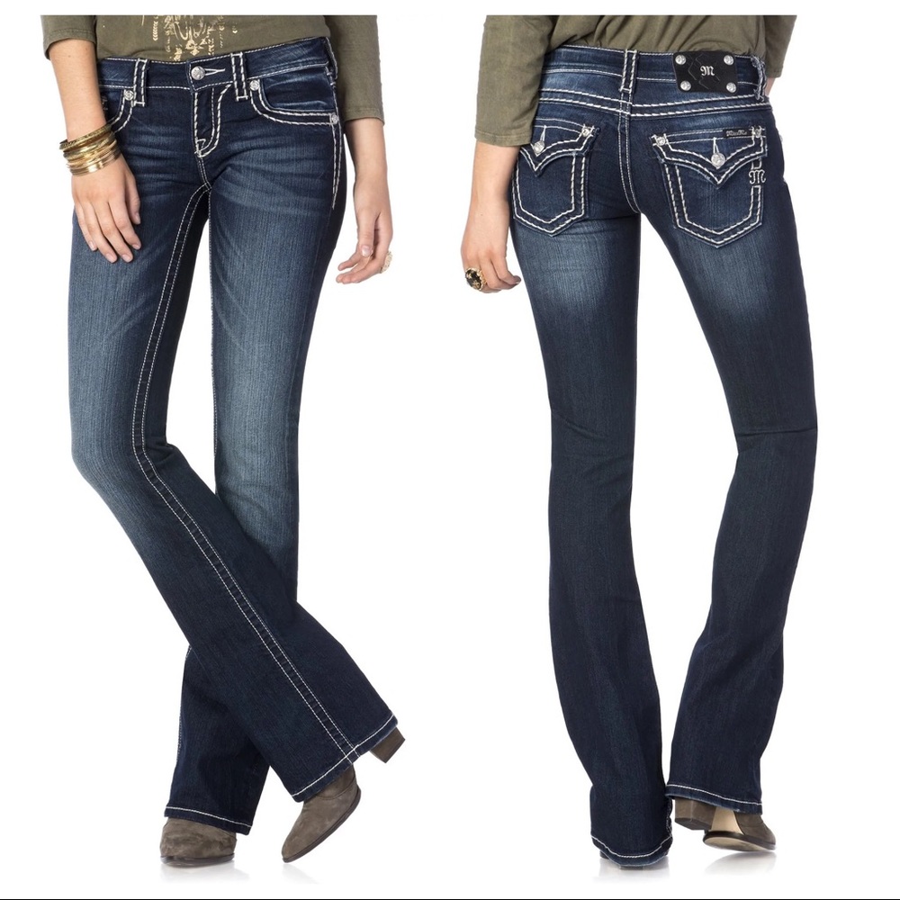 Miss Me Loose Saddle Stitch Border Jeans Bootcut Dark Blue Wash Flared Size 29